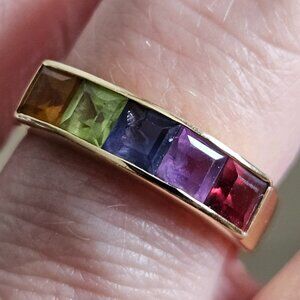 RARE VINTAGE ESTATE MAYORS BIRKS 14K PRINCESS SQUARE MULTI GEMSTONE RING BAND